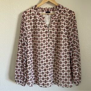 Talbots Ruffle Neck Long Sleeve Blouse Ditsy Medallion Print Lightweight Casual